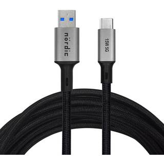NÖRDIC 5m USB3.2 Gen1 USB-C til A nylonflettet kabel hurtig opladning 3A 5Gbps 60W grå