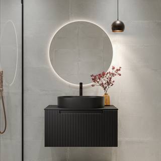 Badrumspaket Tvättställsskåp Ribb Svart 80 cm med Svart Bänkskiva, Handfat, Tvättställsblandare & Bottenventil