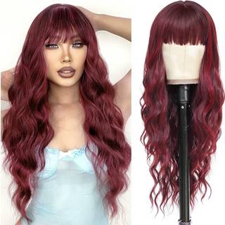 Nayoo lange bordeaux parykker vin r?de parykker med smell til kvinder kr?llet b?lget h?r parykker varmebestandige syntetiske fiber parykker til d