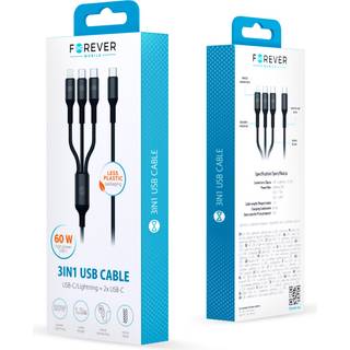 Forever 3in1 USB-kabel, USB-C til Lightning + 2x USB-C 1,2 m 60W - Svart