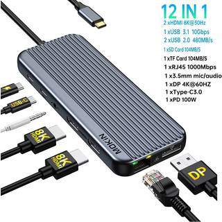 (12 IN 1)8K dockingstation Triple Display HDMI,DP,USB C/A 3.1,RJ45,SD/TF,Audio,PD 100W Adapter kompatibel