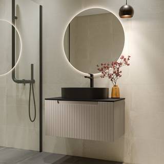 Badrumspaket Tvättställsskåp Ribb Beige 80 cm med Svart Bänkskiva, Handfat, Tvättställsblandare & Bottenventil