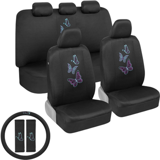 BDK Blue Butterflies bils?debetr?k til kvinder Komplet s?t med ratbetr?k og selepuder - for- og bagbetr?k med matchende broderet tilbeh?r Passer