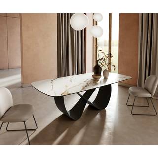 Esstisch Edge Boot 240x120cm Keramik Calacatta Luxe Weiß-Gold-Grau Infinity Metall Schwarz