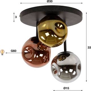Stellar loftlampe, guld/sølv/kobber, Ø 30 cm glas 3 lyskilder.