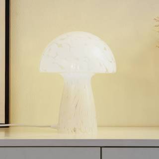 Lindby Hubi bordlampe, hvid, glas, Ø 22 cm, svampeform