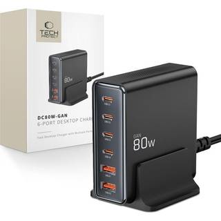 Tech-Protect DC80W GaN 6-Port Skrivebordsoplader med 4x PD USB-C, 2x QC 3.0 USB-A - Sort