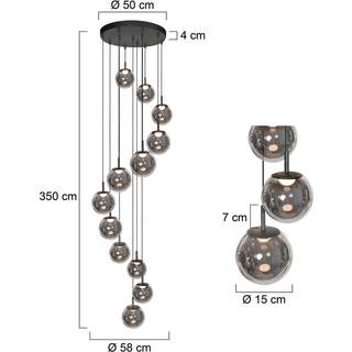 LED-hængelampe Bollique, 12 lyskilder. rund, sort, glas