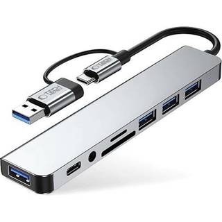 Tech-Protect HB06 9-i-1 USB-A/USB-C Hub Adapter med USB 2.0, USB 3.0, SD/TF-kortlæsere, 3.5mm lydstik, Type-C - Rum grå