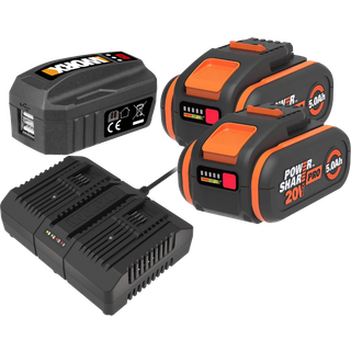Worx 20V PowerShare Startsæt med 2 stk. 5,0Ah batteri, dobbelt lynlader og USB ladeaggregat