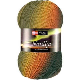 Viking Nordlys 934 Multi okker/grøn Indhold: 75% Superwash-behandlet uld, 25% nylon Vægt/længde: 100 gram = ca. 350 meter Anbefalede pinde: 2.50 mm Strikkefasthed: 10 cm = 28 m Vask: Skånsom maskinvask / Maks. 40ºC / Tørres fladt.