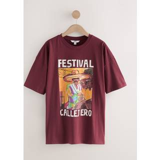 Next Burgundy Red Oversized Fun Festival Graphic Print Short Sleeve Crew Neck T-Shirt
