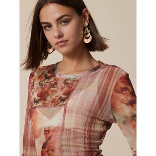 Next Light Red Floral Print Splice Mesh Long Sleeve Crew Neck Top