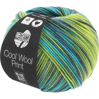 Lana Grossa Cool Wool Print 784 Gulgrøn/Turkis/Grågrøn/Petroleum Indhold:100% ren ny, ekstrafin merinould Vægt/Længde: 50 g = ca. 160 meter Anbefalede pinde: 3-3.5 mm Strikkefasthed: 10 x 10 cm = 24 m x 34 p Vask:Finvask 30º/ Tørres fladt.