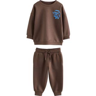 Next Chocolate Brown Single Printed Crew Neck Sweat Top & Jogger Sets (3mths-7yrs)