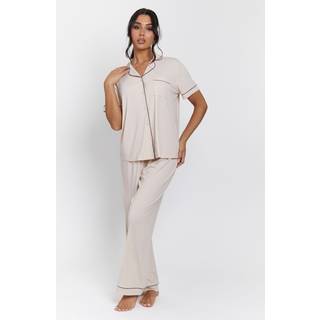 Loungeable Loungeable Cream/Black Trim Short Sleeve Soft Rib Long Sleeve Button Through Pyjamas