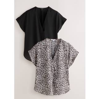 Next Solid Black and Animal Print Relaxed Fit Short Sleeve Overhead V-Neck Blouses 2 Pack