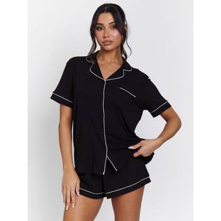 Loungeable Loungeable Black/White Trim Soft Rib Short Sleeve Button Through Pyjamas