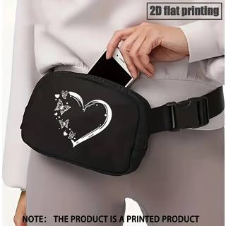 TEMU 1pc Chic Black Nylon Fanny Pack With White Heart & Print - Adjustable Strap, Lightweight Crossbody Bag For Running, Hiking & , Backpack For Travel