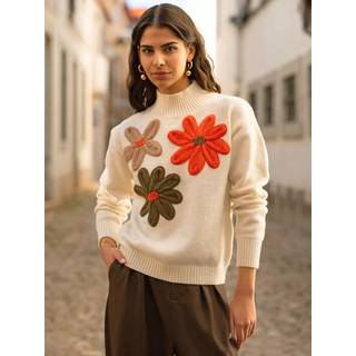 Yumi Yumi Cream Knitted Jumper With Appliqué Flower