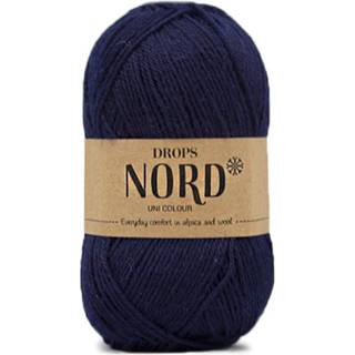 DROPS Nord 15 Marine blå (Uni Colour) Indhold: 45% Superfin Alpaca, 30% Polyamid, 25% Peruviansk Highland Uld Garngruppe: A (23 - 26 masker) / 4 ply / fingering Vægt/længde: 50 g = ca. 170 meter Anbefalede pinde: 3 mm Strikkefasthed: 10 x 10 cm = 24 m x 32 p Håndvask, max 30°C / Tørres fladt.