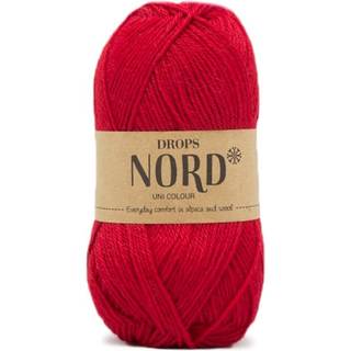 DROPS Nord 14 Rød (Uni Colour) Indhold: 45% Superfin Alpaca, 30% Polyamid, 25% Peruviansk Highland Uld Garngruppe: A (23 - 26 masker) / 4 ply / fingering Vægt/længde: 50 g = ca. 170 meter Anbefalede pinde: 3 mm Strikkefasthed: 10 x 10 cm = 24 m x 32 p Håndvask, max 30°C / Tørres fladt.