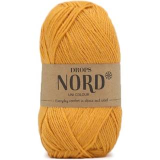 DROPS Nord 18 Okkergul (Uni Colour) Indhold: 45% Superfin Alpaca, 30% Polyamid, 25% Peruviansk Highland Uld Garngruppe: A (23 - 26 masker) / 4 ply / fingering Vægt/længde: 50 g = ca. 170 meter Anbefalede pinde: 3 mm Strikkefasthed: 10 x 10 cm = 24 m x 32 p Håndvask, max 30°C / Tørres fladt.