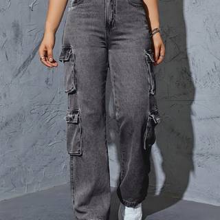 TEMU [street Style] Women's High-waist Multi-pocket Cargo Jeans, Dark Gray Washed Straight Leg Denim, Stretchy And Loose Fit , Side Pockets For Casual Attire