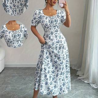 TEMU Women's Elegant Floral Midi Dress - Short Sleeve, Hem, Cinched Waist, Summer, Casual To Formal Wear, Casual Summer Dress | Floral Print Dress | Cinched Waist Dress