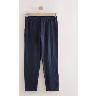 Next Navy Regular Tapered Fit 100% Linen Signature Elasticated Waist Drawstring Trousers