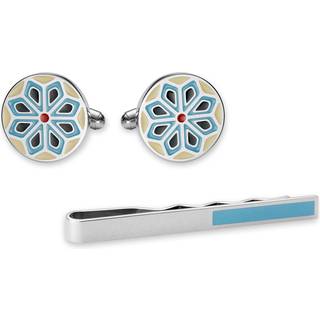 Sølvfarvet & Blåt Geometrisk Slipsenål og Manchetknapper Sæt