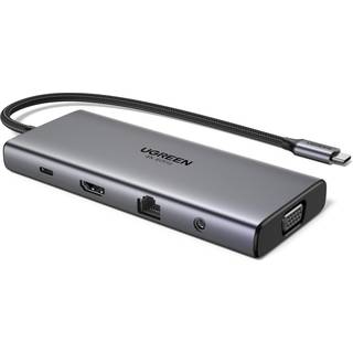 UGREEN 11-i-1 USB-C Hub til 3x USB-C/2x USB-A/HDMI/VGA/RJ45/SD/TF/3,5 mm - Grå