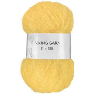 Viking Kid-Silk 340 Lys gul Indhold: 77% Kid Mohair, 23% silke Vægt/længde: 25 g = ca. 200 meter Anbefalede pinde: 3 mm Strikkefasthed: 10 cm = 24 m Vask: Max 30 °C / Tørres fladt.