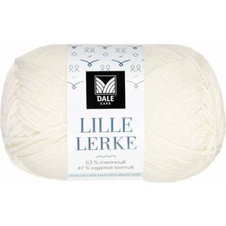 Dale LILLE Lerke 0020 Ubleget hvid Indhold: 53% merinould, 47% bomuld Vægt/længde: 50 gram = ca. 142 meter Anbefalede pinde: 2.50 - 3.00 mm Strikkefasthed: 10 cm = 26-28 m Uldvask 30 °C, Brug vaskemiddel til uld/silke, Brug ikke skyllemiddel, Tørres fladt.