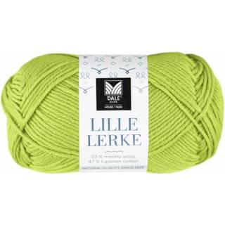 Dale LILLE Lerke 8175 Pæregrøn Indhold: 53% merinould, 47% bomuld Vægt/længde: 50 gram = ca. 142 meter Anbefalede pinde: 2.50 - 3.00 mm Strikkefasthed: 10 cm = 26-28 m Uldvask 30 °C, Brug vaskemiddel til uld/silke, Brug ikke skyllemiddel, Tørres fladt.