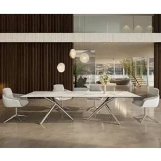 Esstisch Edge 300x100 Keramik Calacatta Luxe Weiß-Gold-Grau Estelar rund Edelstahl