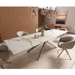 Esstisch Edge 300x100 Keramik Calacatta Luxe Weiß-Gold-Grau Kreuzgestell Rechteck Edelstahl