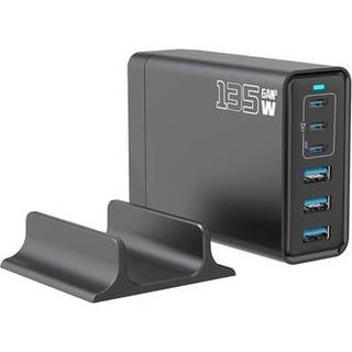 135W GaN bordoplader / 6-porte højhastighedsopladningsstation - 3x USB-C, 3x USB-A - Sort