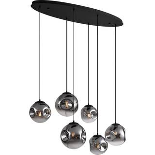Art Deco pendellampe sort med oval loftplade og røgglas 6-lys - Douglass