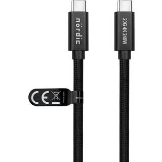 NÖRDIC 25 cm USB 3.2 Gen 2 USB-C til C nylonflettet kabel PD3.1 240W 20G 4K60Hz sort