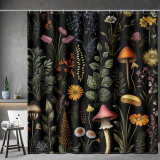 Aimego Extra Long Broes Gardain - Boho Mushroom Blomster Vintage Plants Blomster Botanisk Natur Bad Broeforhæng Sæt med 12 kroge til badeværelses