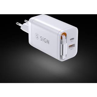 SiGN GaN Hurtigoplader USB-C/USB-A 65W med forlængeligt USB-C-kabel - Hvid