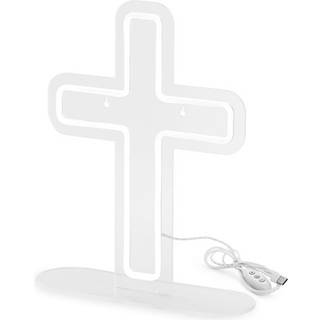 Neon Kors LED hvid transparent 41x30 cm – inkluderer stand, væghæng og USB-forbindelse