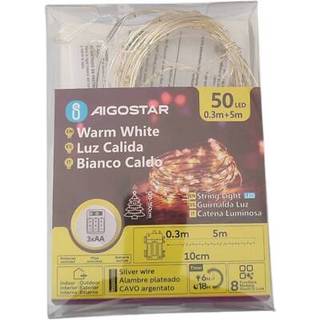 3AA Batteri Kobbertråds Lyskæde, 5M, 50 LED, Varm Hvid, 10CM/LED, Sølvfarvet Tråd, 8 Blinkfunktioner + Timer, IP44