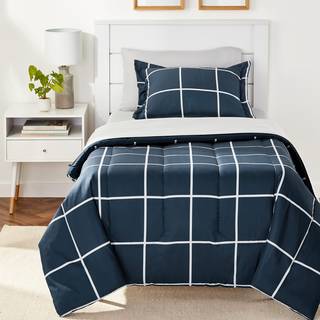 Amazon Basics Twin XL dynest med lagner 5-delt Navy med grt plaid sengetj Letvgts mikrofiber seng-i-en-pose