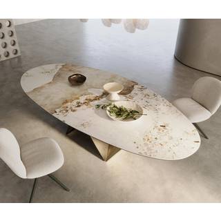 Esstisch Edge Oval 280x130 Keramik Minas Melange Weiß-Beige Origami Metallic Gold