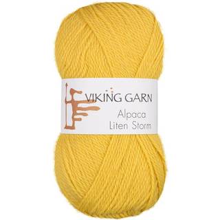 Viking Alpaca Liten Storm 745 Gul Indhold: 40 % alpaca superfine, 40% merino uld, 20 % nylon fiber Vægt/længde: 50 g. = ca. 175 meter Anbefalede pinde: 3 mm Strikkefasthed: 10 x 10 cm = 25 m Vask: Uldvask ved 30 ℃.