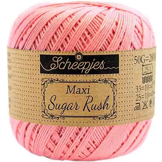 Scheepjes Maxi Sugar Rush 409 Soft Rose Indhold: 100% Bomuld Vægt/længde: 50 gram = ca. 280 meter Anbefalede pinde: 1.25 - 1.50 mm Strikkefasthed: 10 x 10 cm = 25m x 33p Maskinvask, 60°C / Tørres fladt.