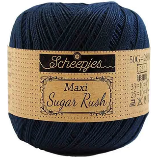 Scheepjes Maxi Sugar Rush 124 Ultra Marine Indhold: 100% Bomuld Vægt/længde: 50 gram = ca. 280 meter Anbefalede pinde: 1.25 - 1.50 mm Strikkefasthed: 10 x 10 cm = 25m x 33p Maskinvask, 60°C / Tørres fladt.