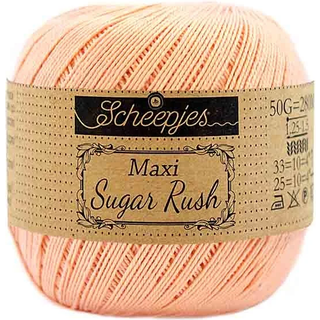 Scheepjes Maxi Sugar Rush 523 Pale Peach Indhold: 100% Bomuld Vægt/længde: 50 gram = ca. 280 meter Anbefalede pinde: 1.25 - 1.50 mm Strikkefasthed: 10 x 10 cm = 25m x 33p Maskinvask, 60°C / Tørres fladt.